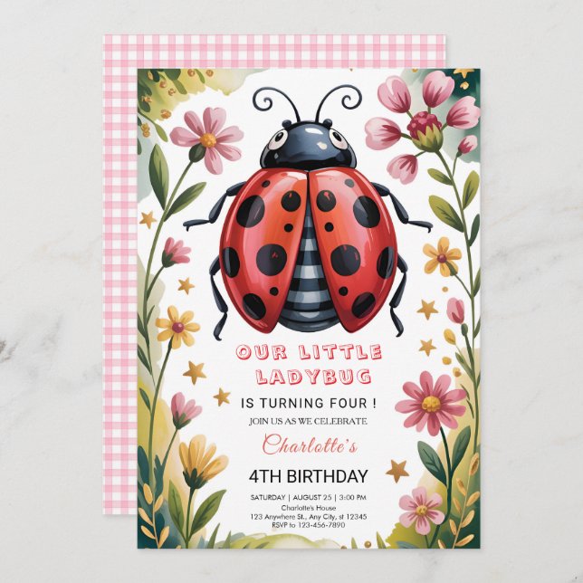 Cute Ladybug 4th Birthday Party Invitation (Front/Back)