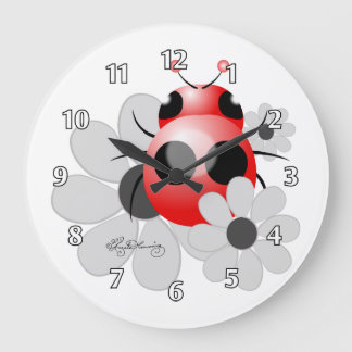 Cute ladybug and black and white Daisies Large Clock