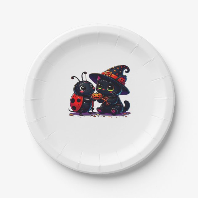 Cute Ladybug and Black Cat Halloween Classic T-Shi Paper Plate (Front)