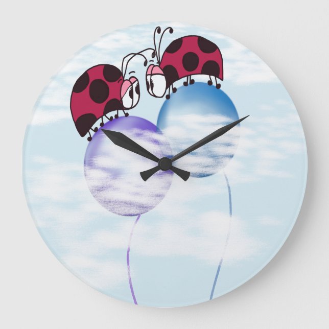 Cute Ladybug And Colorful Balloons Cartoon Large Clock (Front)