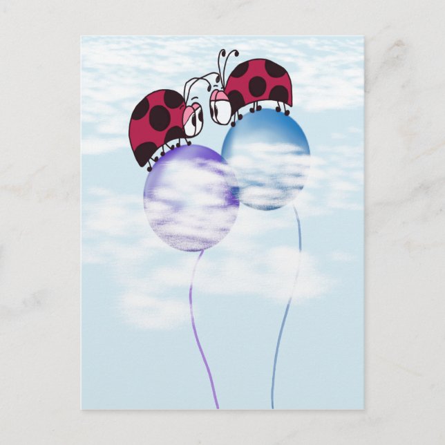 Cute Ladybug And Colourful Balloons Cartoon Postcard (Front)
