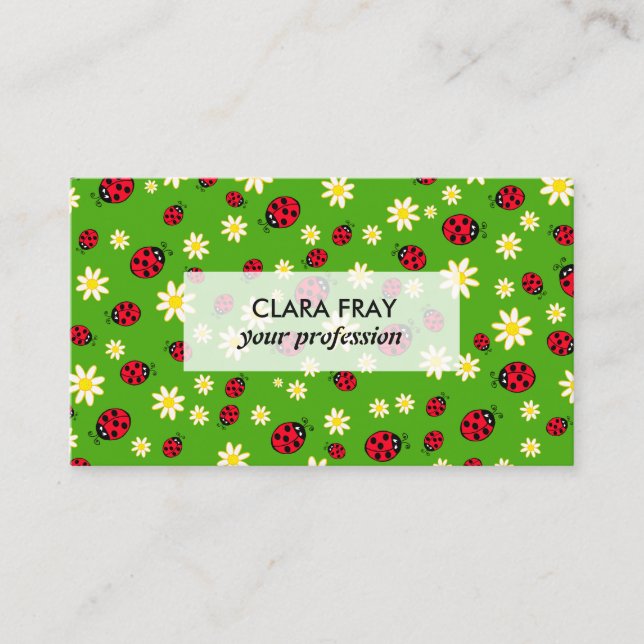 cute ladybug and daisy flower pattern green business card (Front)