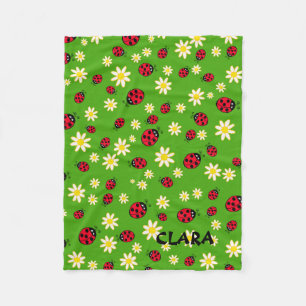cute ladybug and daisy flower pattern green fleece blanket