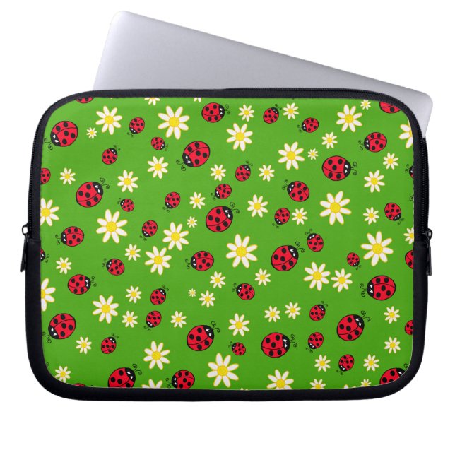 cute ladybug and daisy flower pattern green laptop sleeve (Front)