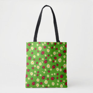 cute ladybug and daisy flower pattern green tote bag