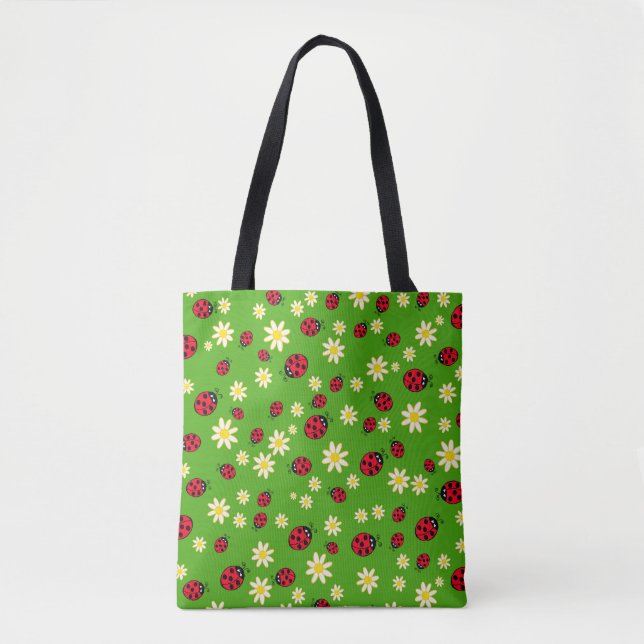cute ladybug and daisy flower pattern green tote bag (Front)