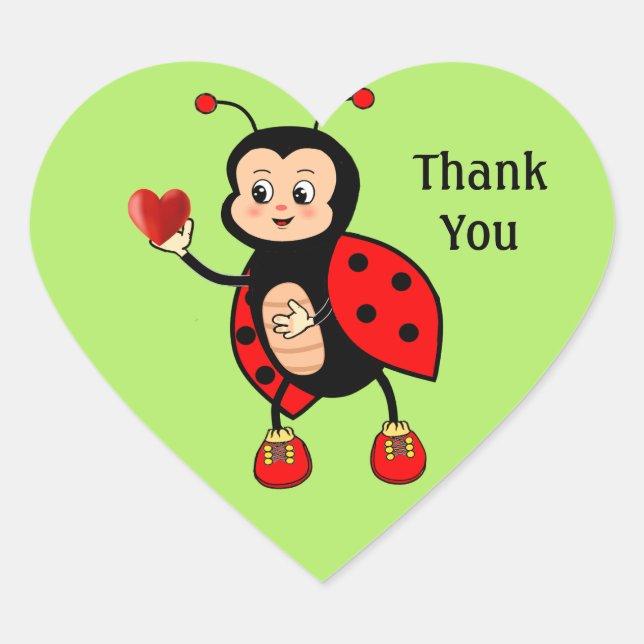 Cute Ladybug and Heart on Green Thank You Heart Sticker (Front)