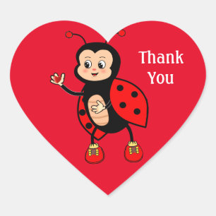 Cute Ladybug and Heart on Red Thank You Sticker