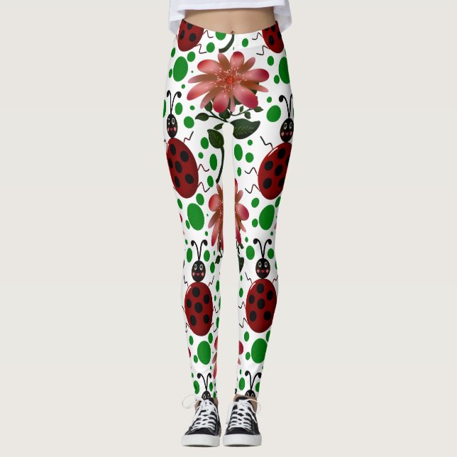 Cute Ladybug and Pink Flower Pattern | Hand Drawn  Leggings (Front)
