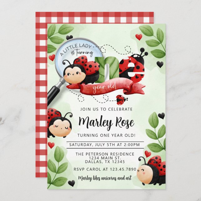 Cute Ladybug Beetle turning ONE 1st Birthday Party Invitation (Front/Back)