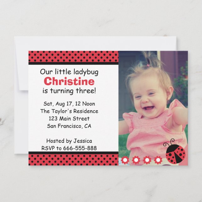 Cute Ladybug birthday party, Turns 3, polka dots Invitation (Front)