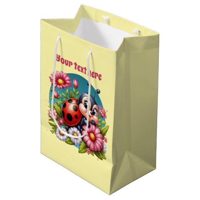 Cute ladybug customisable girl party medium gift bag (Front Angled)