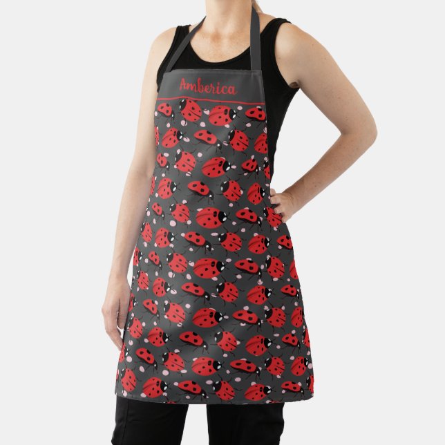 Cute Ladybug Dark Grey Design Red Black Playful Apron (Insitu)