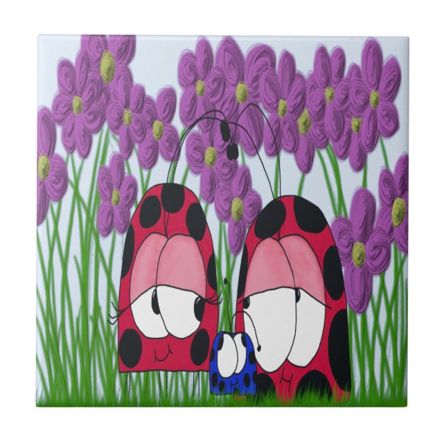 Cute Ladybug Family Illustration Ceramic Tile (Front)