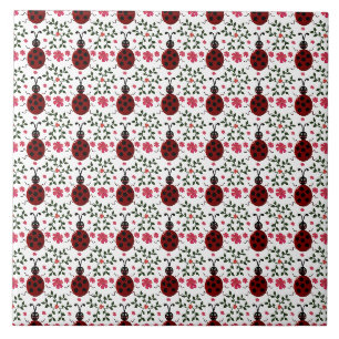 Cute Ladybug Floral Seamless Pattern Ceramic Tile