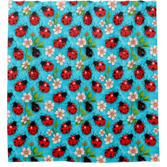Cute Ladybug Floral Theme For Spring Decor Shower Curtain (Front)