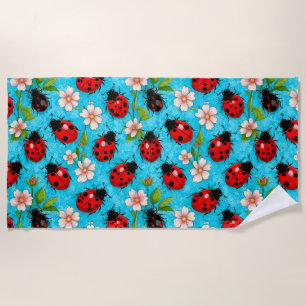 🌼 Cute Ladybug & Flowers Nature Pattern 🐞 Beach Towel