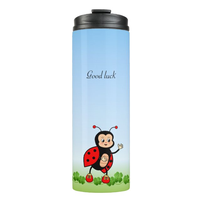 Cute Ladybug, Four-leaf Clovers on Light Blue Thermal Tumbler (Front)
