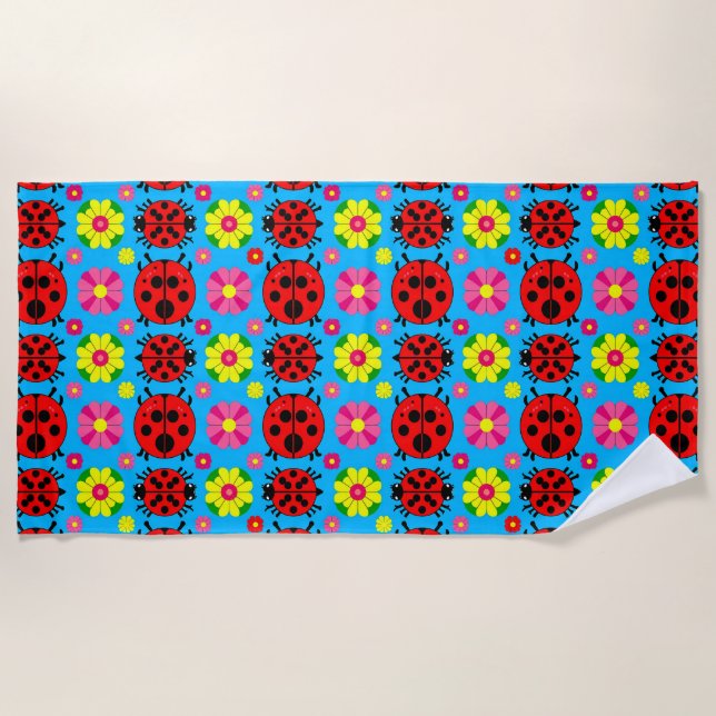 🐞 Cute Ladybug Garden on Blue Floral Scene 🌿 Beach Towel (Front)