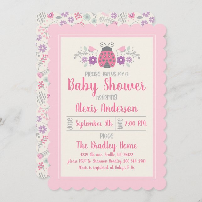 Cute Ladybug Girl Baby Shower Invitation (Front/Back)
