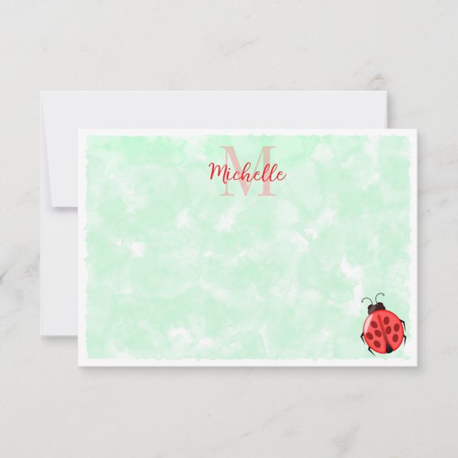 Cute Ladybug Green Watercolor Background Monogram Card (Front)