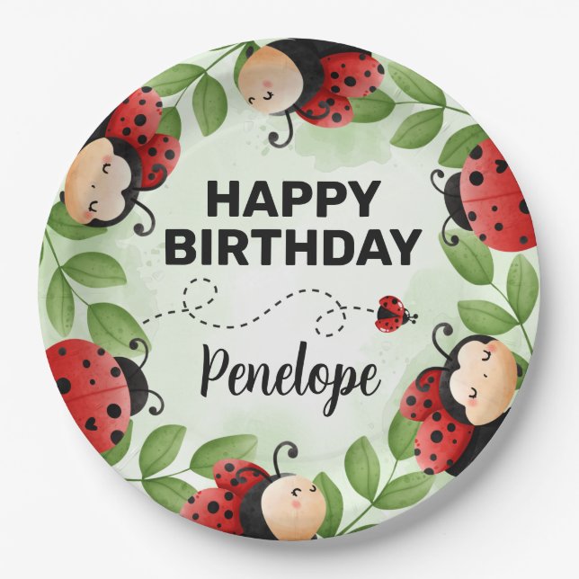 Cute Ladybug Happy Birthday Party Plates (Front)