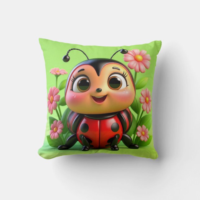 Cute Ladybug Illustration Surrounded by Flowers Cushion (Front)