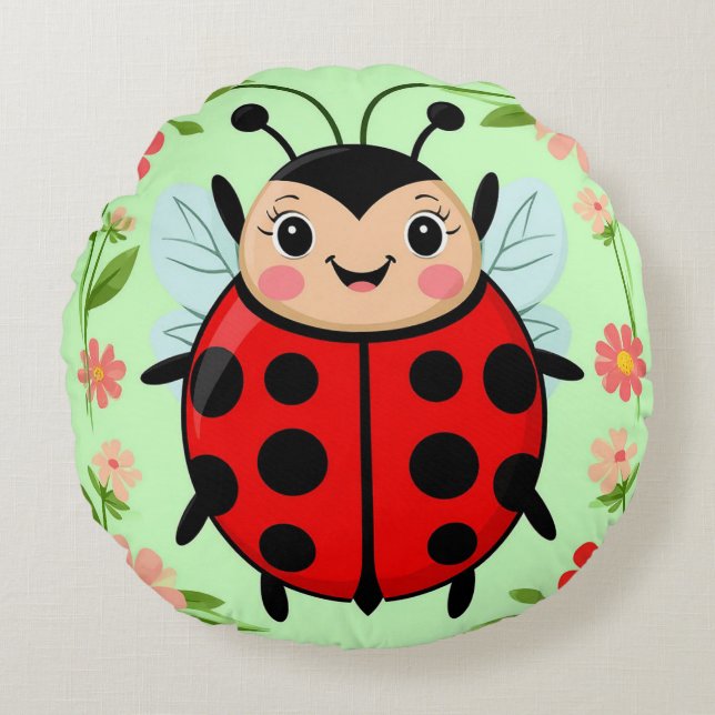 Cute Ladybug Illustration Surrounded by Flowers Round Cushion (Front)