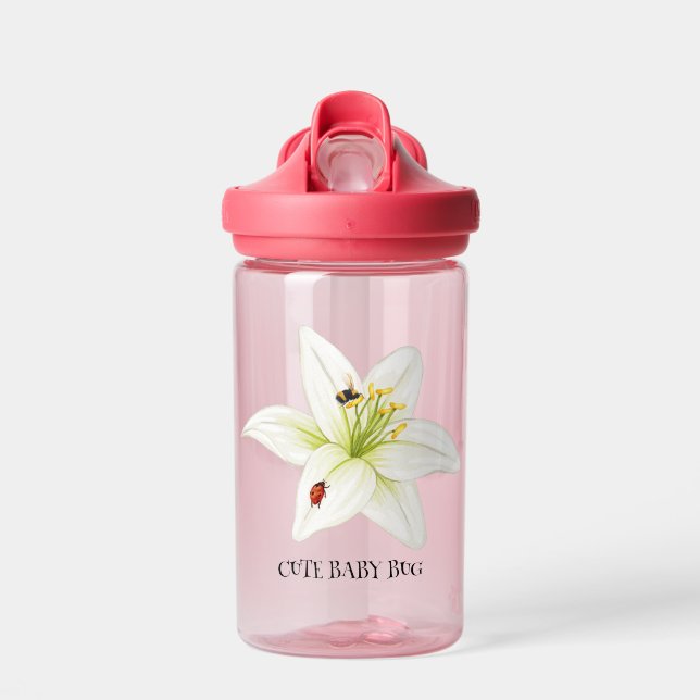 Cute ladybug lily flower school kids girly water bottle (Front)