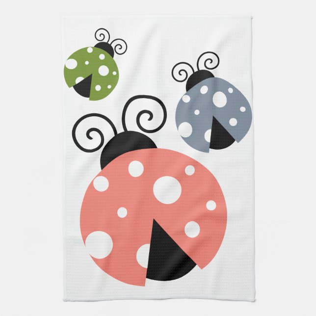 Cute Ladybug Mum & Ladybug Babies Pink Green Blue Tea Towel (Vertical)