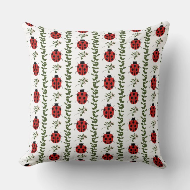 Cute Ladybug Nursery Throw Pillow | Red and Green  (Front)