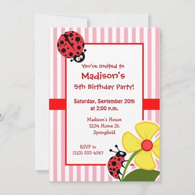 Cute Ladybug on Bubble Gum Pink Stripes Invitation (Front)
