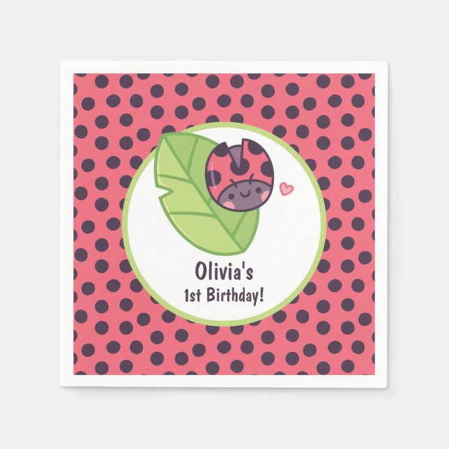 Cute Ladybug On Leaf Girls Birthday Party Supplies Napkin (Front)