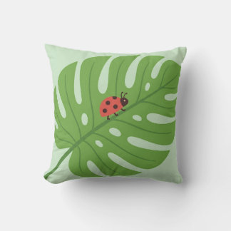 Cute Ladybug on Monstera Leaf Throw Pillow — Botan