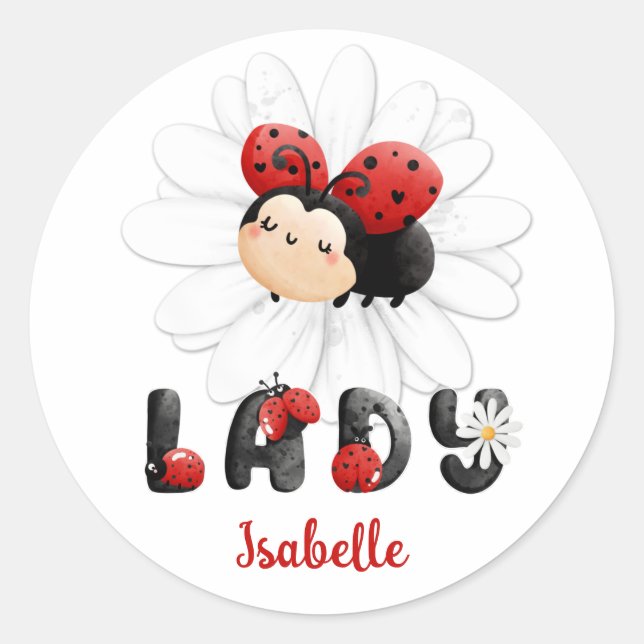 Cute Ladybug Personalised Girl  Classic Round Sticker (Front)