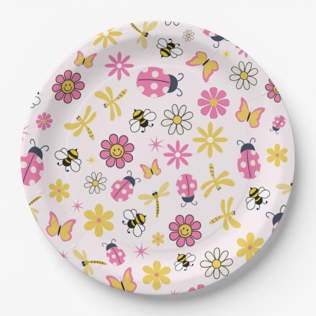 Cute Ladybug Pink Girl Baby Shower Paper Plate (Front)