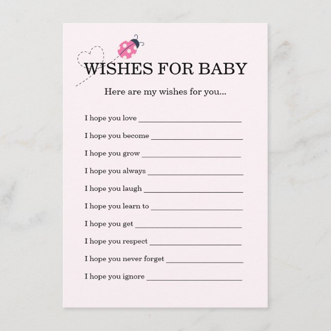 Cute Ladybug Pink Girl Baby Shower Wishes For Baby Enclosure Card (Front)