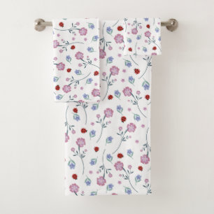 Cute Ladybug Polka dot Daisy Flower Rustic Pattern Bath Towel Set