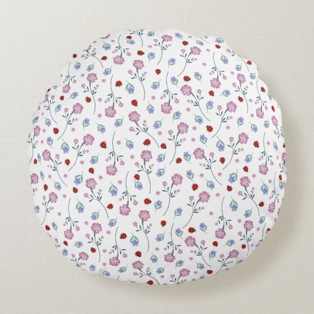 Cute Ladybug Polka dot Daisy Flower Rustic Pattern Round Cushion (Front)