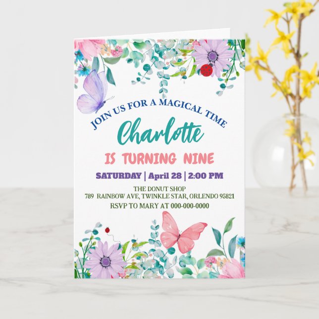 Cute Ladybug Polka dot floral Flower Birthday name Card (Yellow Flower)