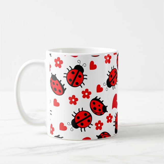 Cute Ladybug Polka Dots Black Red Seamless Pattern Coffee Mug (Left)