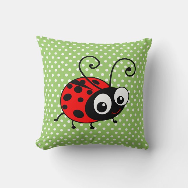 Cute Ladybug Polka Dots Green & Red Cushion (Front)