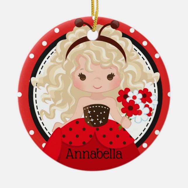 Cute Ladybug Princess Personalised Ceramic Ornament (Front)