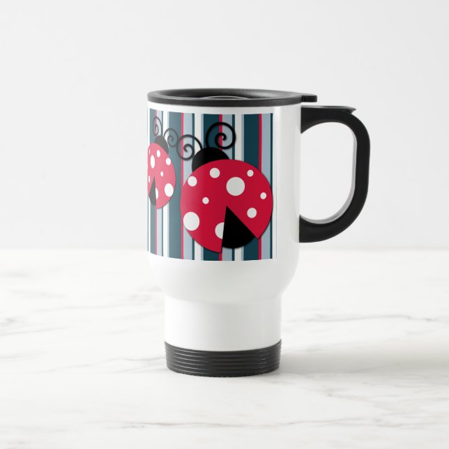 Cute Ladybug Red White Blue Stripes Pattern Travel Mug (Right)