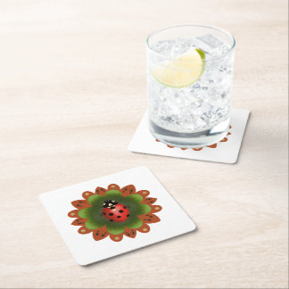 Cute ladybug red white green party square paper coaster