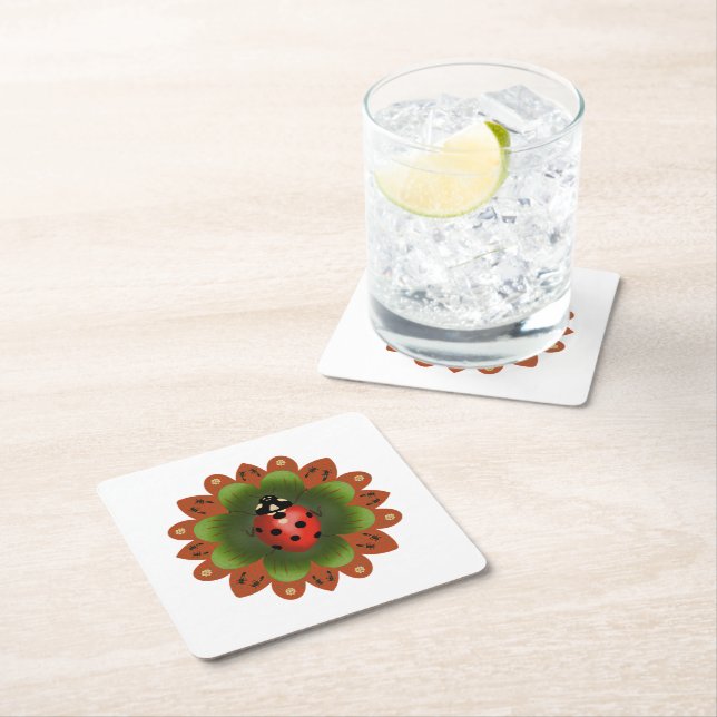 Cute ladybug red white green party square paper coaster (Insitu)