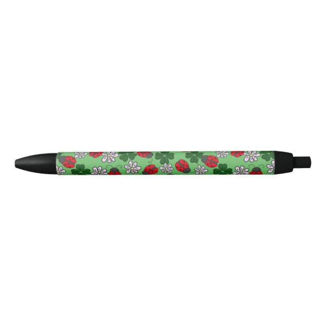 Cute Ladybug res and green pattern Black Ink Pen (Front)