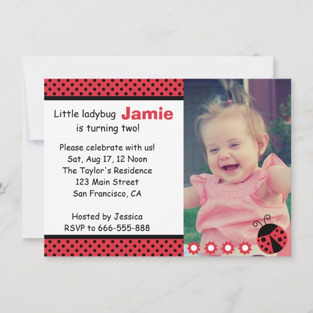 Cute Ladybug, Second Birthday Party, polka dots Invitation (Front)