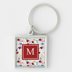 Cute Ladybug Wildflowers Whimsical Floral Monogram Key Ring