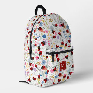 Cute Ladybug Wildflowers Whimsical Floral Monogram Printed Backpack
